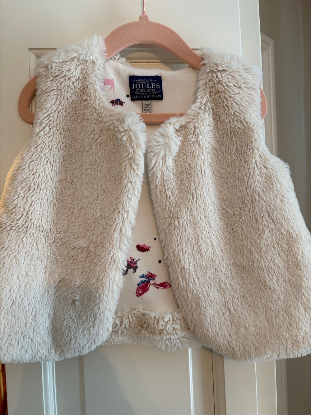 Joules Cream Faux Fur Infant Vest - 12-18m